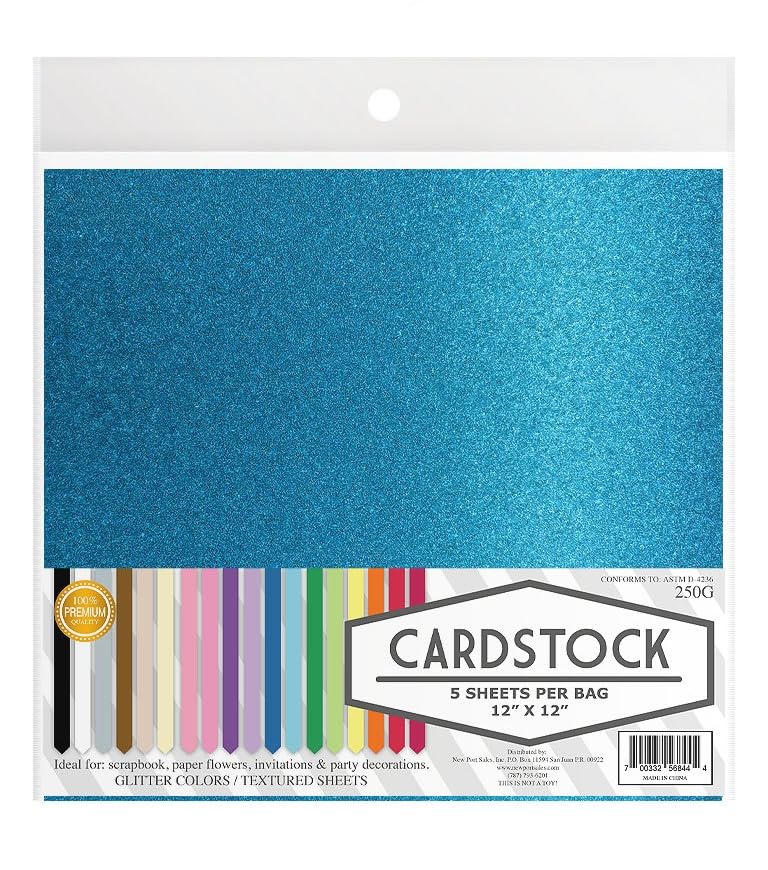 Glitter Crafting Cardstock, 22 Color Choices, 250g. 12" x 12" Inch, 5 Premium Sheets (Turquoise) - color: Turquoise