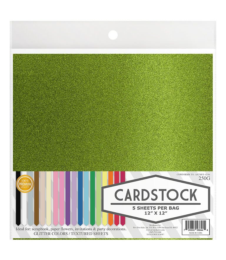 Glitter Crafting Cardstock, 22 Color Choices, 250g. 12" x 12" Inch, 5 Premium Sheets (Lime Green) - color: Lime Green